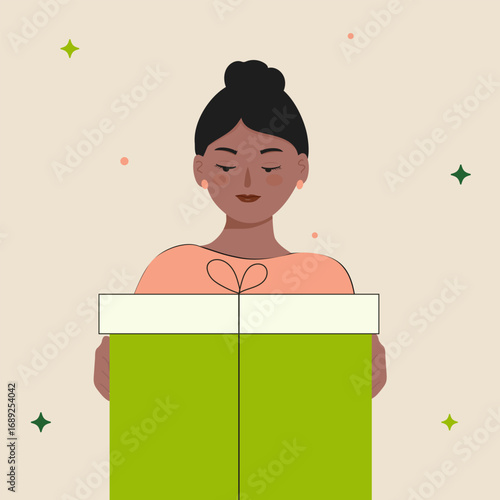 Cute girl holding big gift box in front of her in arms. Flat style vector illustration