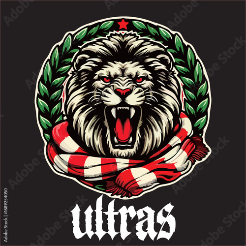 A illustration of logo hooligan ultras spartan lions with red white drawing line 