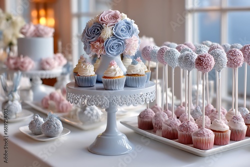A delightful wedding reception with cupcakes and cake pops elegantly displayed, creating a sweet and inviting atmosphere