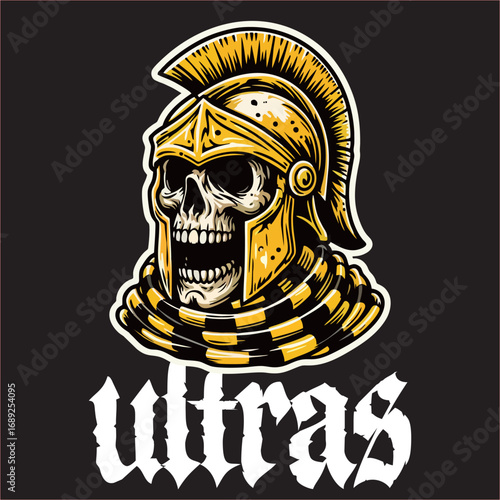 A illustration of logo hooligan ultras spartan lions with yellow white drawing line 
