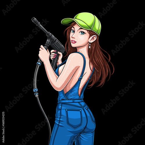 girl character a car washer holding a water gun
