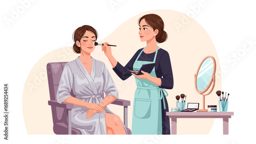 Professional makeup artist applying cosmetics to a smiling woman in a salon setting