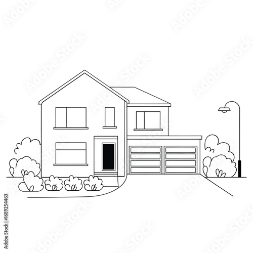 Hand drawn sketch of a modern two story house with a garage and landscaping