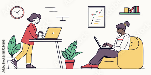Diverse women working on laptops one standing at desk with coffee another sitting on a bean bag.