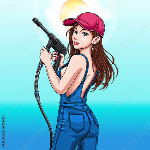 girl character a car washer holding a water gun