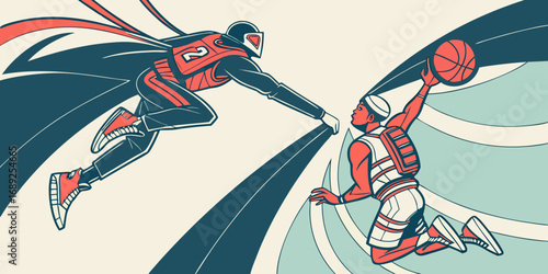 Dynamic graphic illustration of a basketball player dunking and a diving football player.