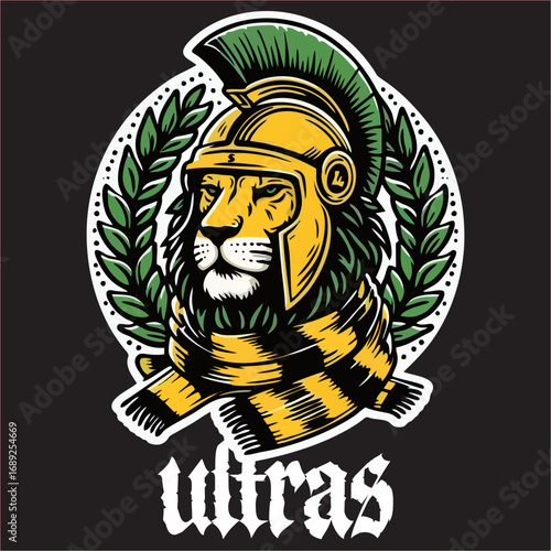A illustration of logo hooligan ultras spartan lions with yellow white drawing line 