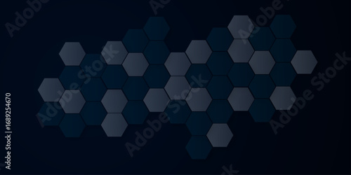 Abstract Hexagonal Pattern Background Design for Technology. A modern, dark background filled with overlapping translucent hexagons in varying shades of gray and blue. Vector for business and banner. 