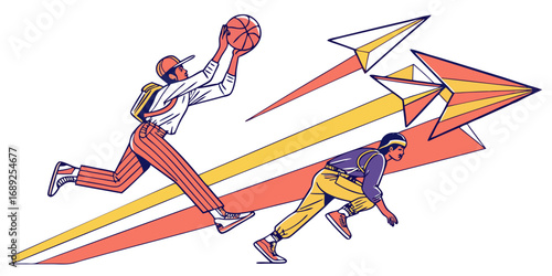 Dynamic stylized men one basketball player jumping one runner sprinting with abstract geometric arrows.