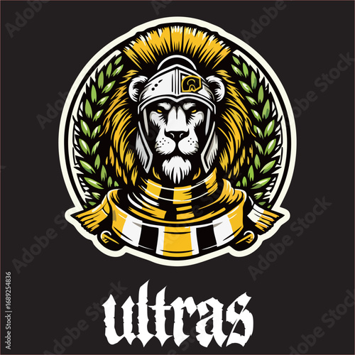 A illustration of logo hooligan ultras spartan lions with yellow white drawing line 