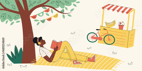 Relaxed person reading book under a tree vibrant flat vector illustration of an outdoor leisure scene with a fruit stand and bicycle.