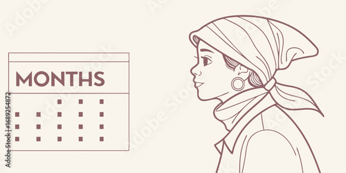 Smiling woman in profile with headscarf and hoop earring minimalist line art illustration.