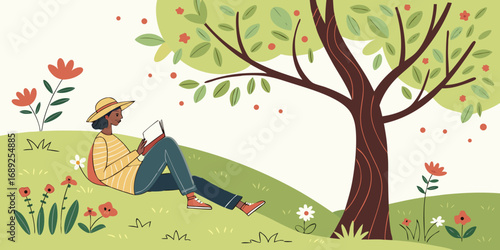 Relaxed woman in straw hat reading book wearing striped shirt and blue pants.
