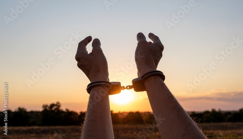 Silhouette of hands in handcuffs lifted toward sunset sky, dramatic symbol of freedom versus captivity.