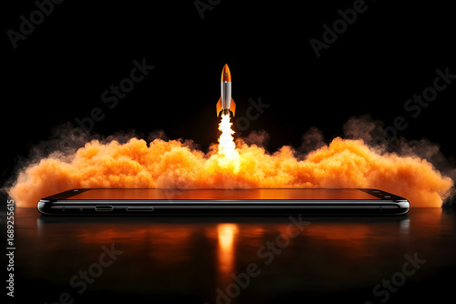 Futuristic smartphone and rocket launch concept in digital art