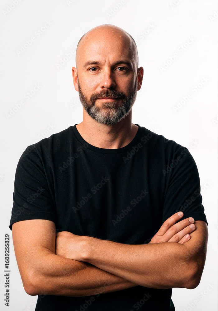 Fototapeta premium Confident bald man with beard wearing black t-shirt and arms crossed, modern casual lifestyle portrait isolated on white background representing strength, confidence, and authenticity