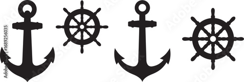 Nautical anchor and ship wheel silhouette icons