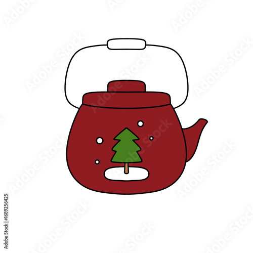 A red tea kettle with a tree on it