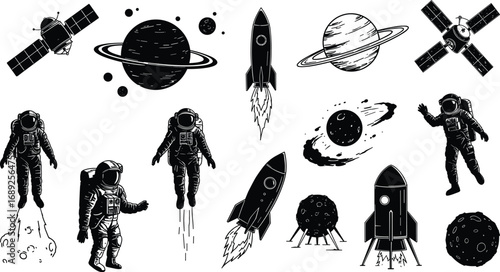Space exploration vector art, astronaut suit, rocket launch, satellite orbit, planets, moon landing, space mission, cosmic travel, outer space adventure.