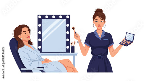 Professional makeup artist applying cosmetics to a client in a well lit vanity room with a large mirror