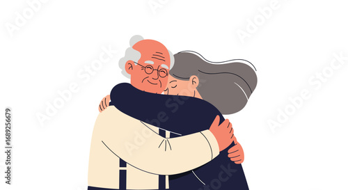 Elderly man and woman embracing each other with affection and love during a warm hug