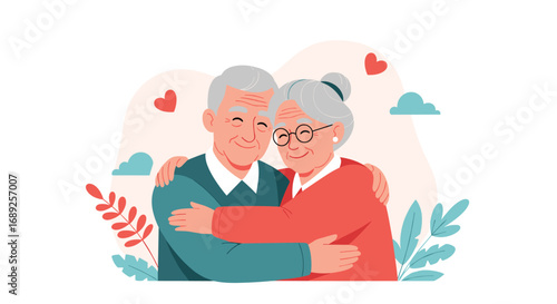 Loving elderly couple embracing with hearts and plants symbolizing enduring affection and companionship