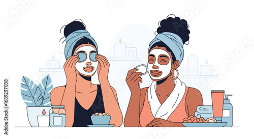Two friends enjoying a relaxing spa day together at home applying facial masks and cucumber slices to their eyes