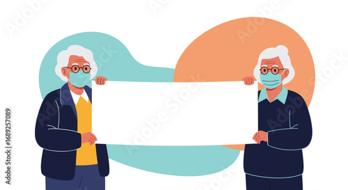 Elderly couple wearing face masks holding a blank sign board together during pandemic times