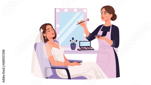 Bridal makeup artist applying cosmetics to a bride in a salon setting with a mirror and vanity