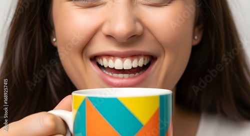 Smiling woman with perfect white teeth drinking from a colorful mug, showcasing happiness and dental care for beverages and lifestyle product promotions.