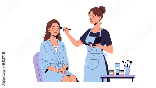 Professional makeup artist applying foundation to a client s face with a brush in a beauty salon setting