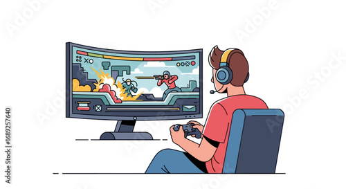 Gamer Playing Video Game on Curved Monitor with Headset.