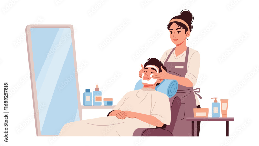 Skilled aesthetician applying facial treatment to client in bright salon setting