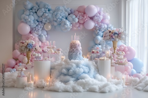 A dreamy birthday setup with a misty cloud cake and soft, airy decor elements like floating candles and pastel balloons