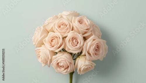 Elegant blush roses create a soft and romantic bouquet against a serene pastel blue backdrop.