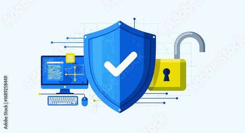 A blue shield protects computer components from an open lock, symbolizing cybersecurity.