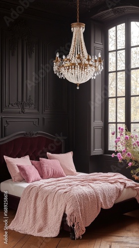 Opulent Bedroom Oasis: Crystal Chandelier Illuminates Plush Velvet Bed with Pink Throws