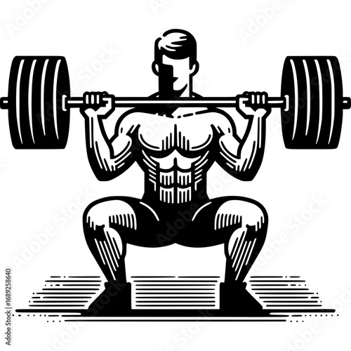 Strength Training: This monochrome illustration captures the essence of strength and fitness, portraying a dedicated individual in a powerful squat with a barbell.