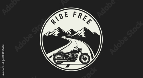 A vintage-style motorcycle emblem featuring a winding mountain road.
