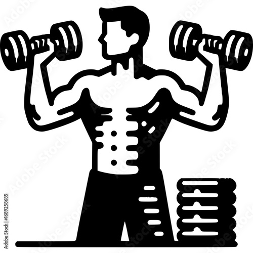 Strength and Fitness Icon: A minimalist silhouette of a muscular individual working out, embodying strength, discipline, and commitment to personal well-being.