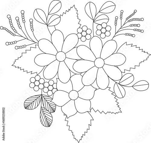Beautiful bouquet of flowers coloring page for relaxation and creative expression white background