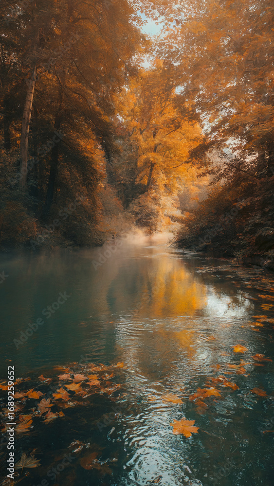 Obraz premium Autumn River Scene With Fog and Fallen Maple Leaf in Calm Water
