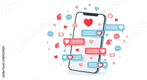 Smartphone displaying loving messages and notifications, surrounded by hearts and chat bubbles.