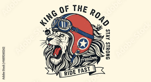 A roaring lion wearing a vintage motorcycle helmet, with text elements.