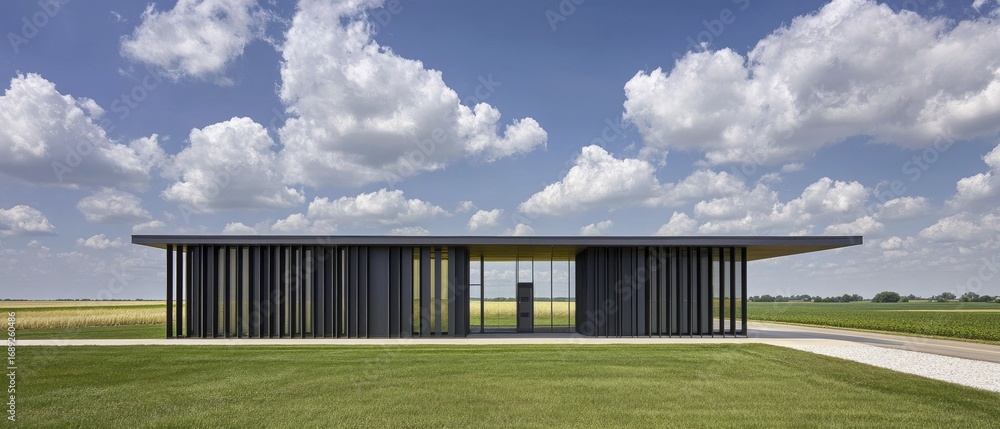 Obraz premium Modern Minimalist Building in a Vast Agricultural Landscape Under a Bright Blue Sky with White Clouds