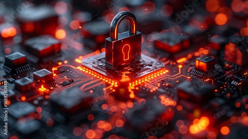 Cybersecurity protection glows red, securing digital data in a connected world for modern tech solutions