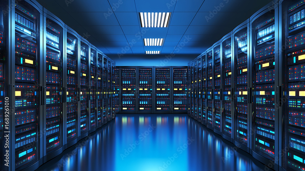 Fototapeta premium Modern Data Center with Rows of Server Racks Illuminated by Blue Light