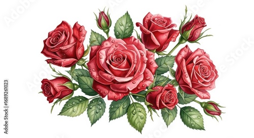 Beautiful Red Roses With Water Droplets Delicate Petals Lush Green Leaves