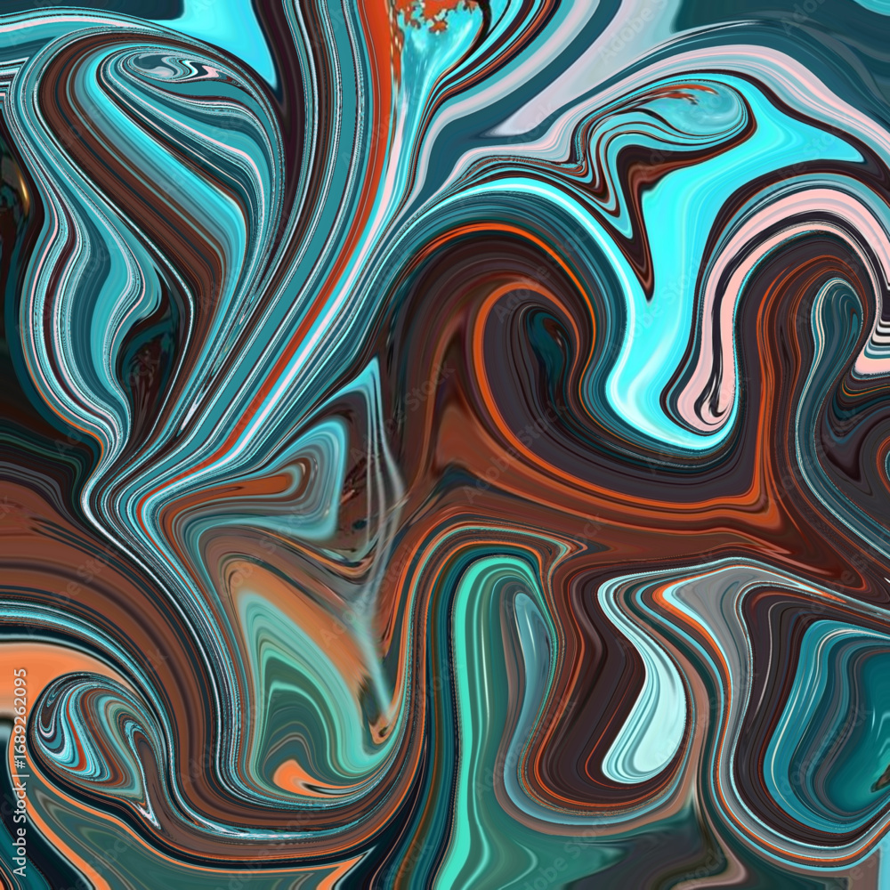 Obraz premium Vivid swirling abstract art with teal, orange, and brown waves in glowing fluid motion, golden accents creating hypnotic energy and modern appeal.