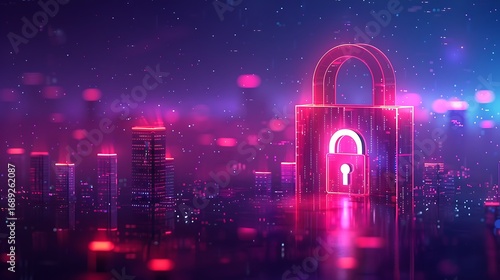 Secure digital city skyline glowing with a prominent neon lock symbol, representing data protection